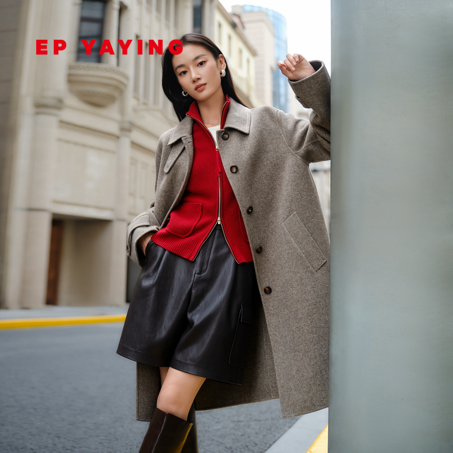 EP雅莹绵羊毛中长款翻领大衣