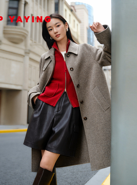 EP雅莹2025冬装女装 纯羊毛长款外套 100绵羊毛翻领毛呢大衣