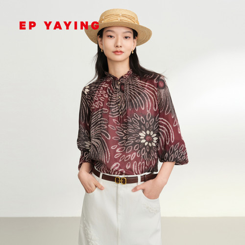 雅莹真丝酒红色气质印花衬衫