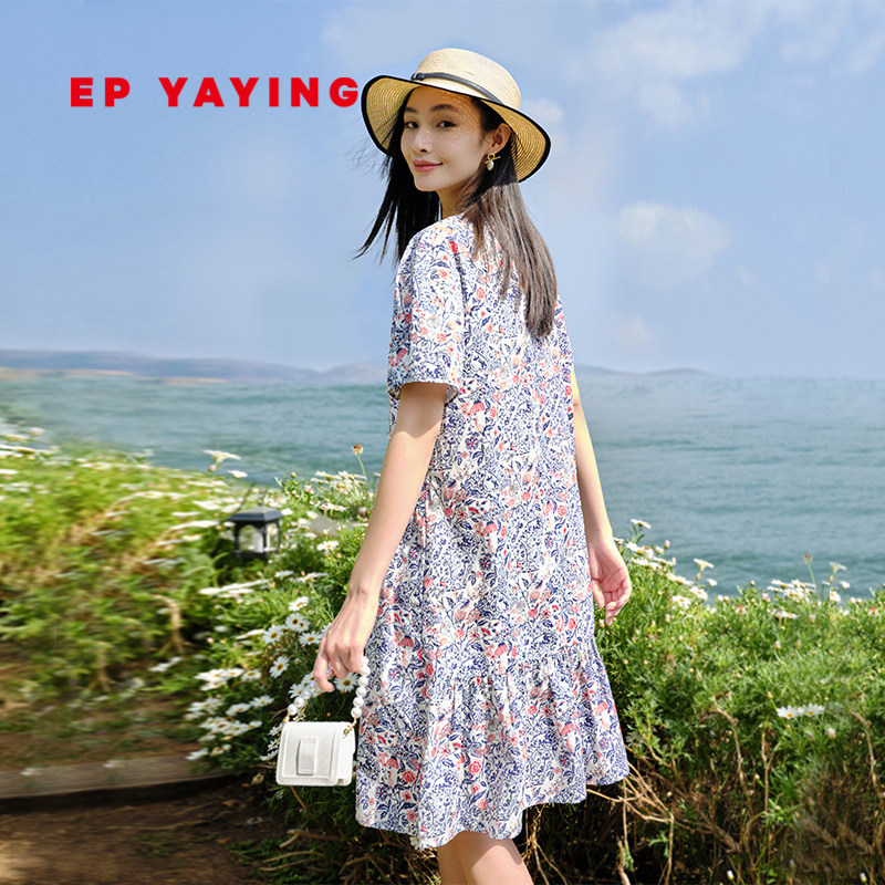 EP YAYING雅莹女装 手绘青瓷短袖收腰连衣裙 夏装商场同款4512A