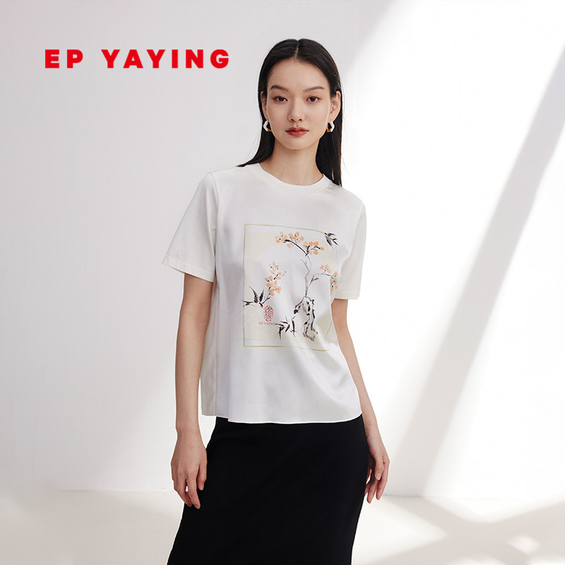 EP雅莹国风女装 桑蚕丝拼接印花短袖t恤上衣 2024早春新款5316A