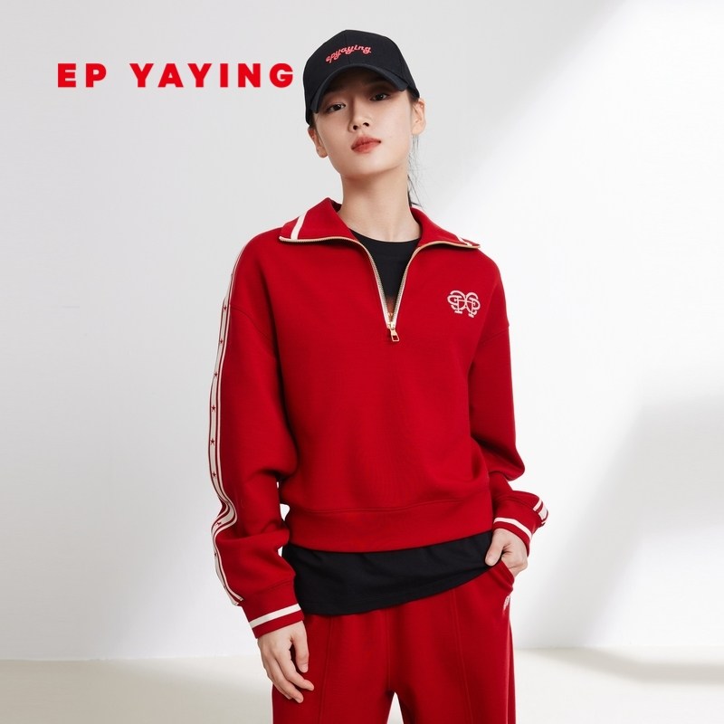 EP雅莹女装 羊毛空气层休闲运动短款宽松卫衣 2024早春新品5211A