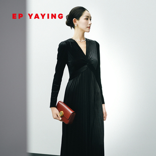 25秋冬新款 收腰A字丝绒连衣裙 优雅礼服裙 EP雅莹蓝标系列