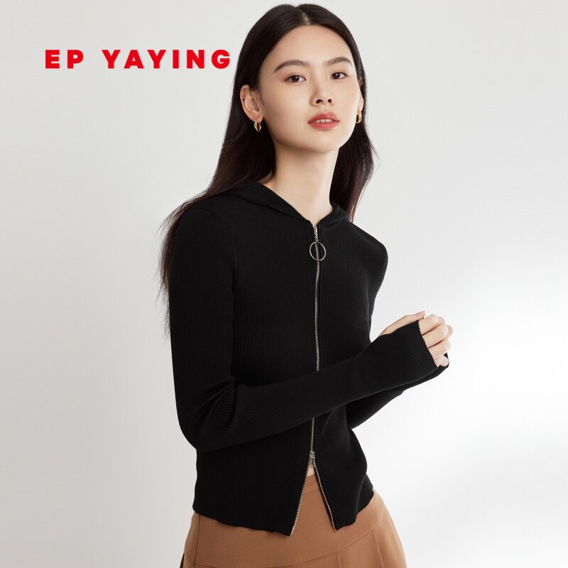 EP雅莹女装 100%澳洲绵羊毛修身连帽针织衫 2023秋冬新款9188A