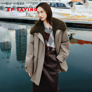 可拆卸轻暖毛领抽绳束腰派克服外套 女装 EP雅莹2025冬装 新款
