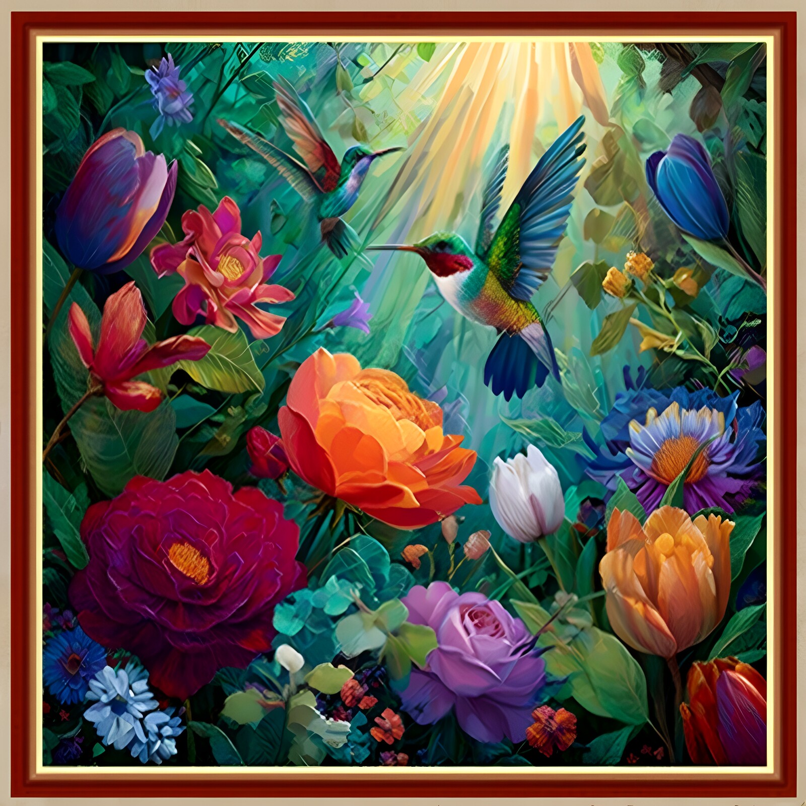 光束蜂鸟与鲜花十字绣油画牡丹