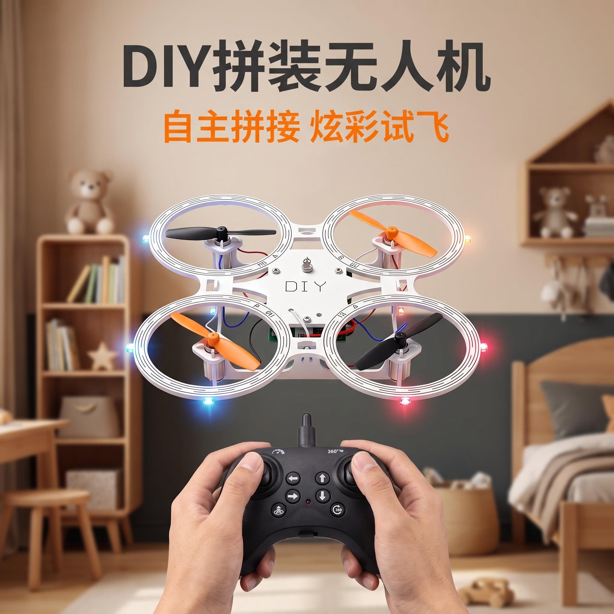 DIY拼装遥控飞机模型四轴特技儿童亲子互动炫酷LED灯光户外长续航