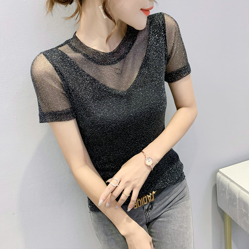 2021 new sexy mesh top summer versatile slim T-shirt Korean T-shirt short sleeve