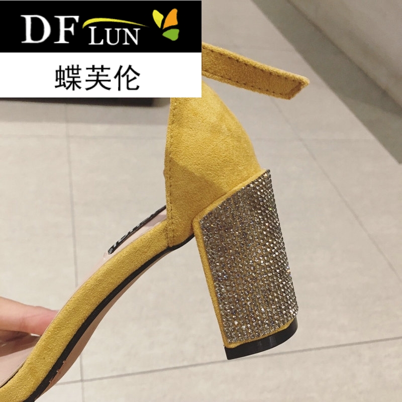 DFL女鞋夏欧美风气质款blingbling水钻绒面一字带露趾粗跟扣带凉