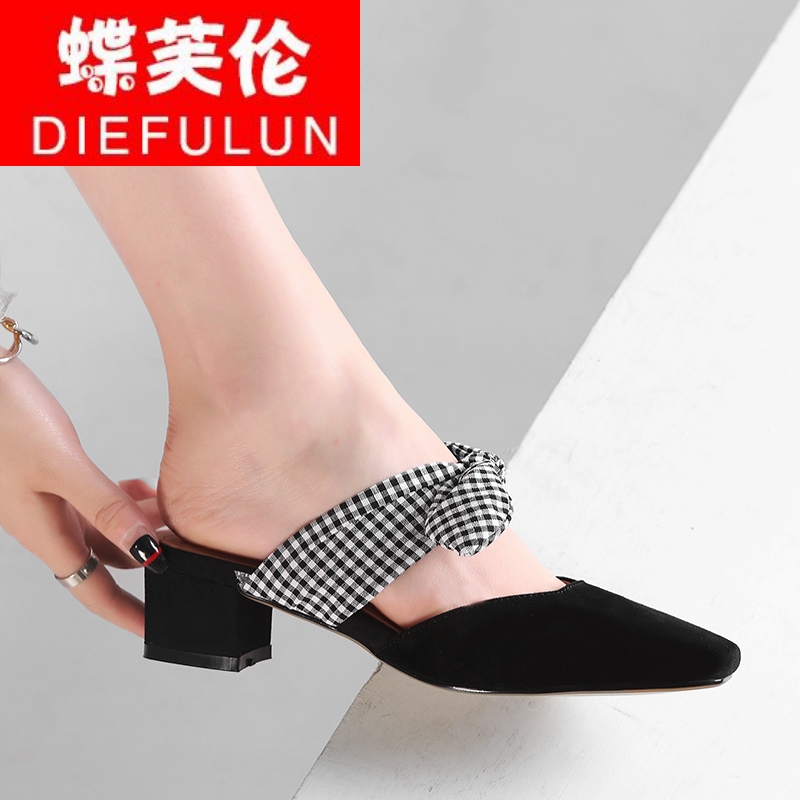 DFL夏季真皮磨砂皮凉拖鞋低跟方根丝带包头女鞋韩版懒人鞋浅口室