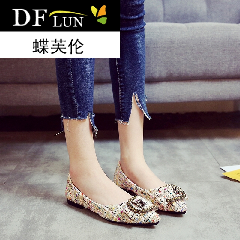 2018欧美风新款流行女鞋春季时尚钻扣尖头牛筋底浅口单鞋平底