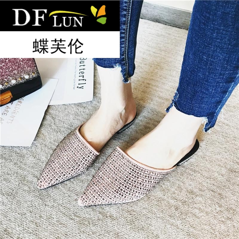 2018春夏韩版BlingBling绒面烫钻包头平底拖鞋时尚外出半拖穆