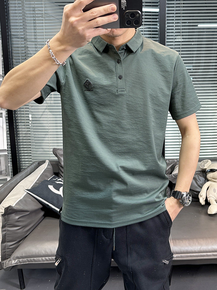 2025 SUMMER NEW TENCEL COTTON LINEN SHORT SLEEVE T-SHIRT MENS POLO EMBROIDERY QUICK-DRYING GREEN LINEN COLLARED SLIM TIDE