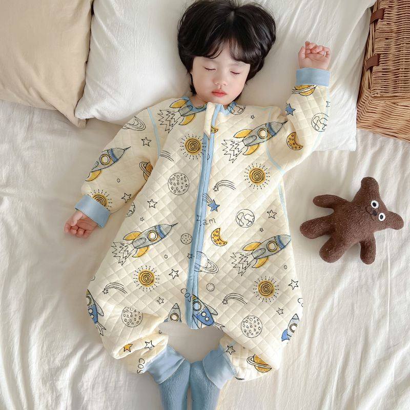 儿童睡袋纯棉加厚宝宝分腿连体睡衣夹棉秋冬男童防踢被神器防着凉