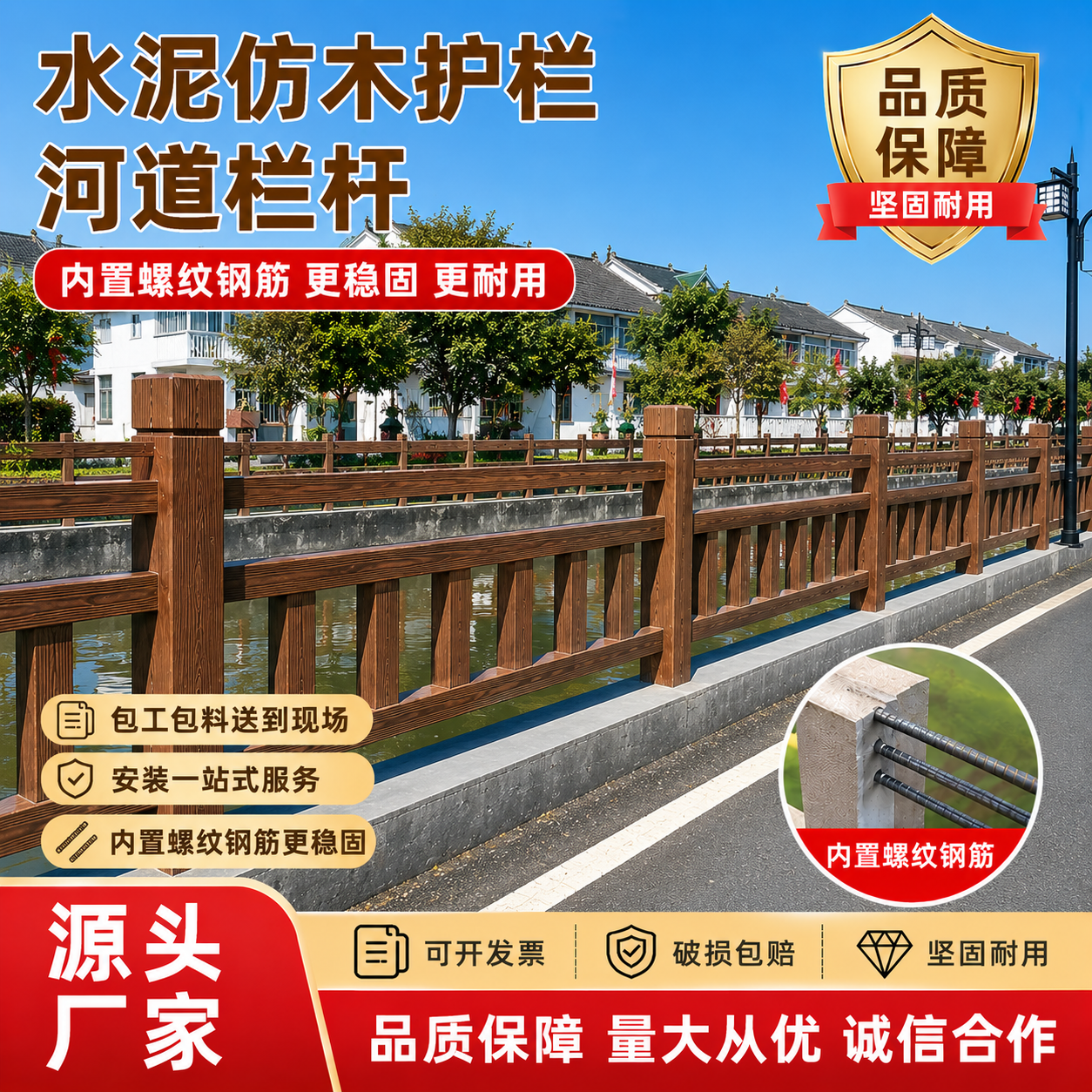 水泥仿木护栏新农村河道围栏户外园林景观栏杆河边防护水泥护栏