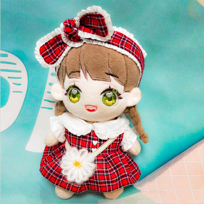 现货20cm玩偶衣服红色格子裙子套装包包配件发带可爱明星公仔衣服