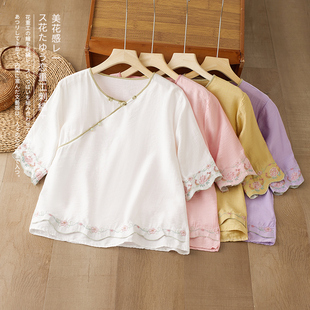 盘扣宽松夏季七分衬衫文艺国风复古刺绣上衣民族中式棉麻斜襟新款