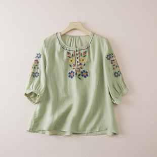 文艺国风刺绣圆领苎麻T恤衫女民族风七分袖套头宽松气质百搭上衣