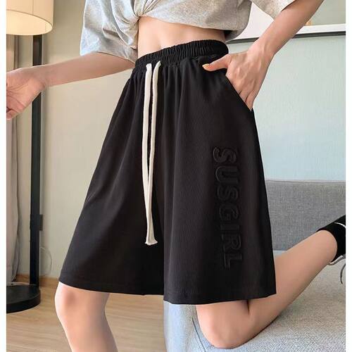 大码胖mm阔腿裤运动短裤女夏季新款高腰休闲宽松显瘦冰丝五分裤