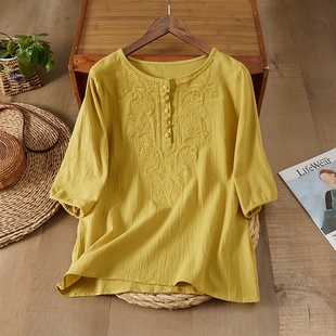 文艺森系刺绣苎麻衬衫女装2025夏季新款休闲宽松半开领七分袖上衣