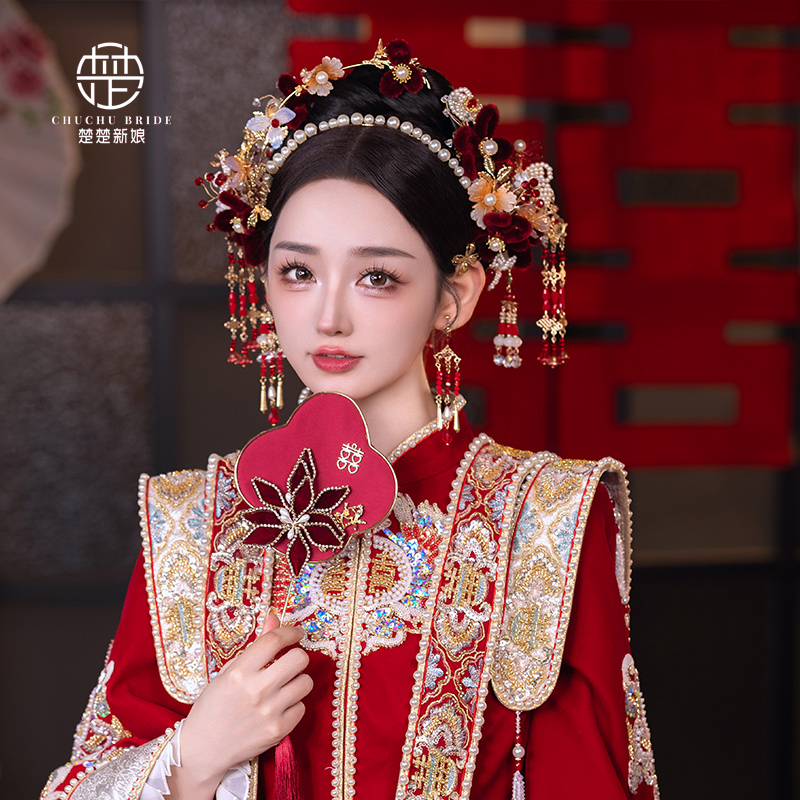 新娘头饰中式古风红色绒花流苏凤冠大气古典民族风秀禾服结婚发饰