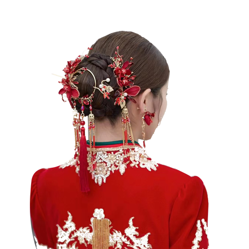 楚楚新娘新娘头饰复古红色手工
