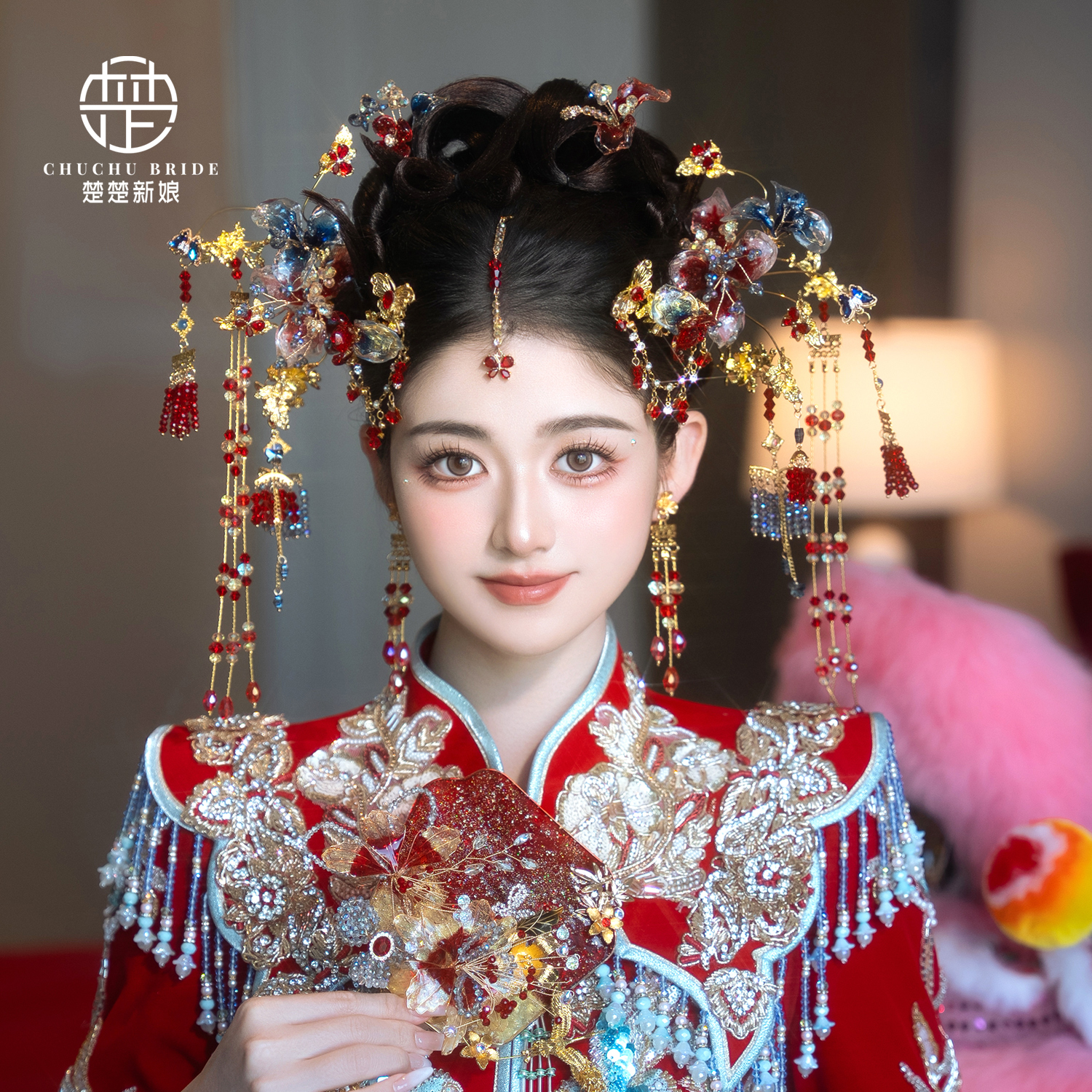 新中式新娘头饰红色重工花朵眉心坠古典龙凤褂秀禾汉服晨袍发饰品