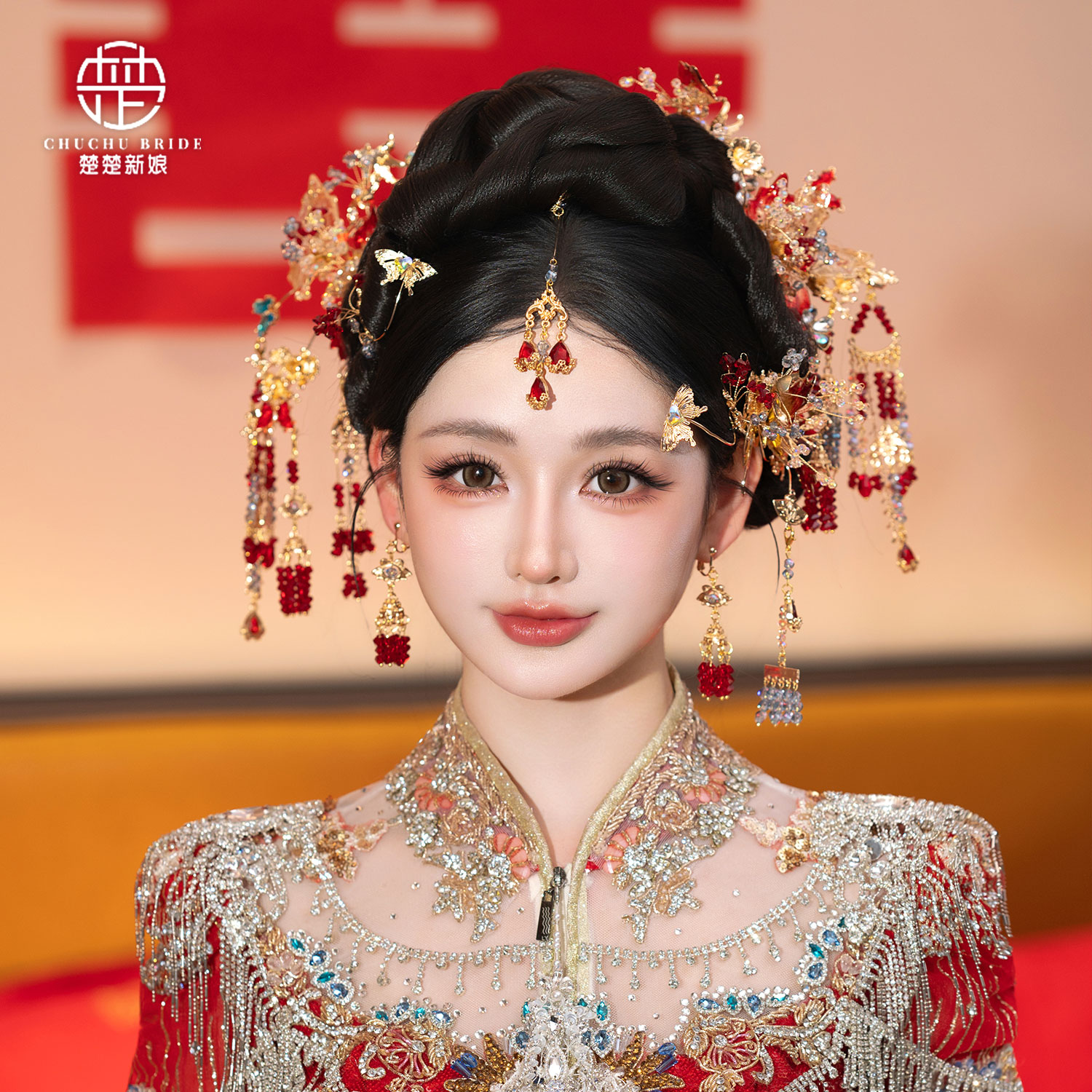 新中式新娘金红流苏眉心坠