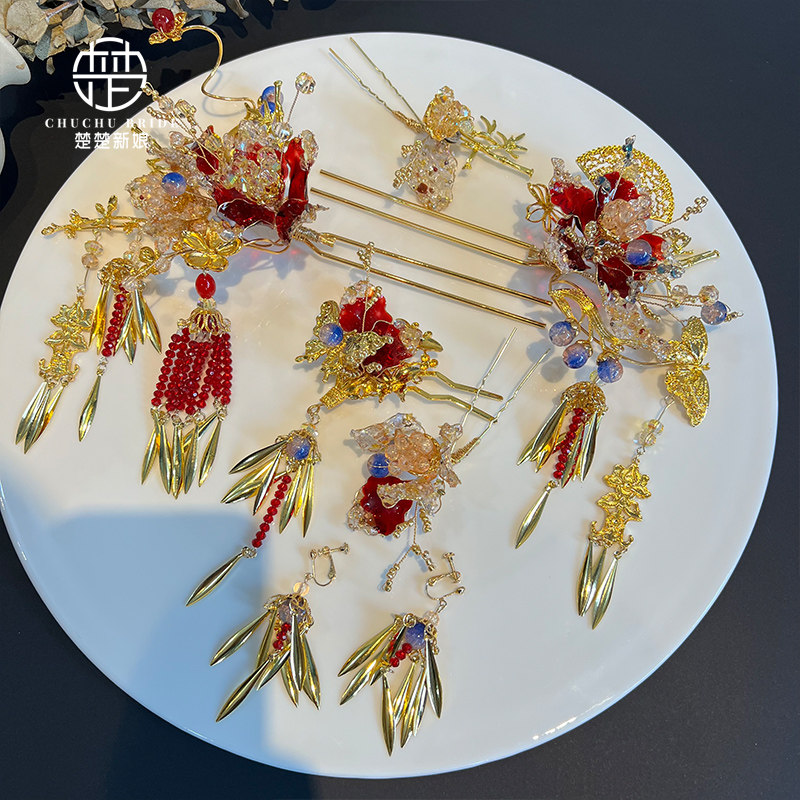 红金色新娘头饰新中式秀禾服发饰造液花发簪晨袍旗袍百搭跟妆饰品