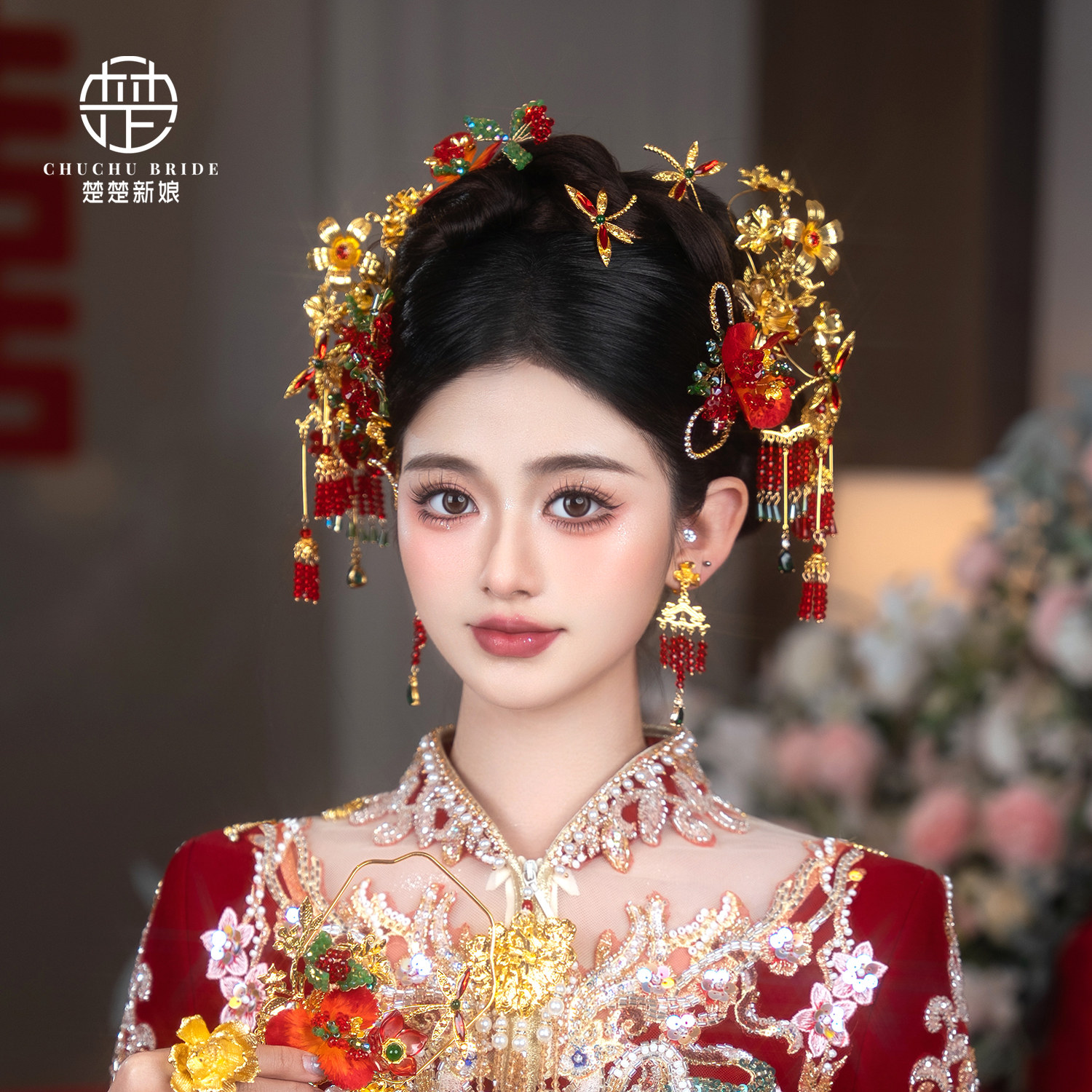 中式新娘发饰秀禾服头饰手工绒花红金色头饰宫廷龙凤褂古装配饰品