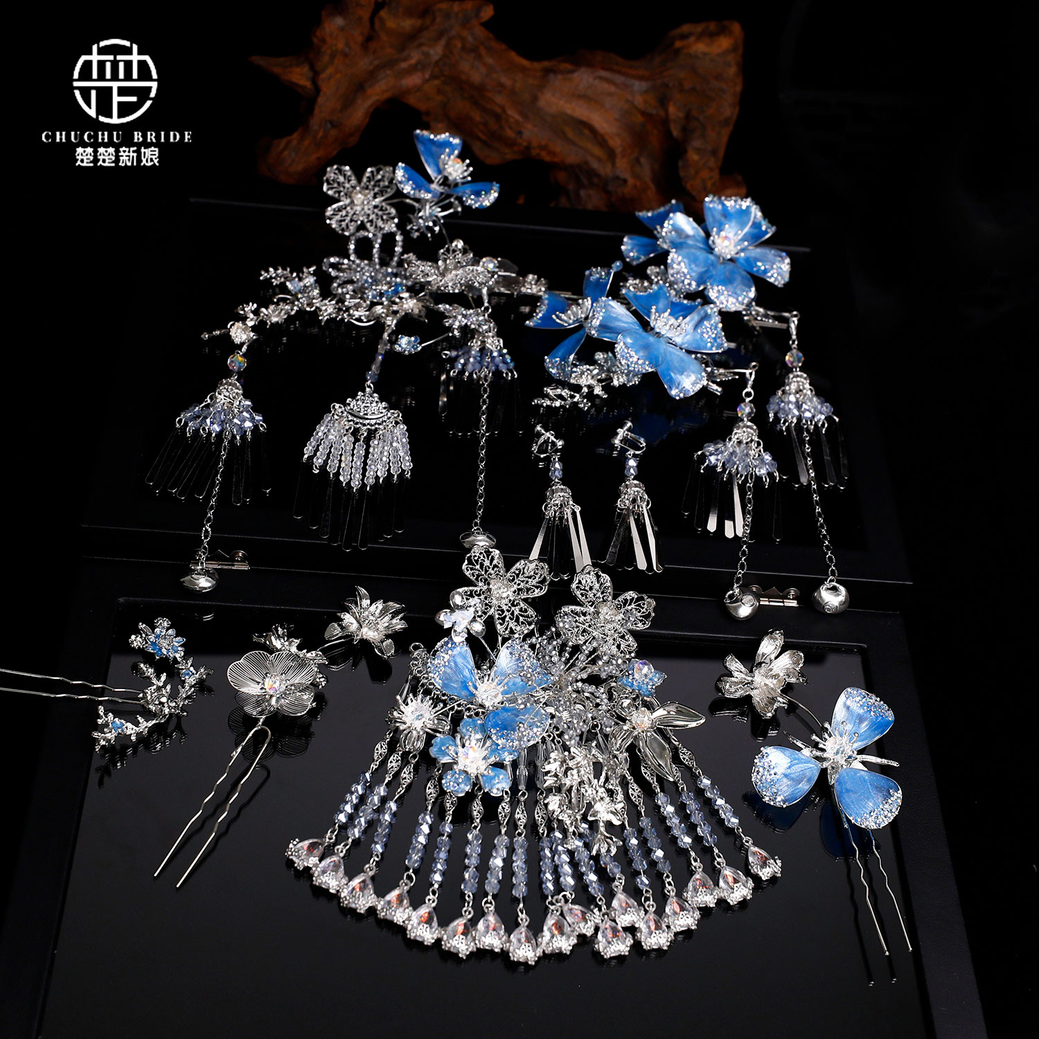 中式新娘秀禾蓝花水晶步摇发簪