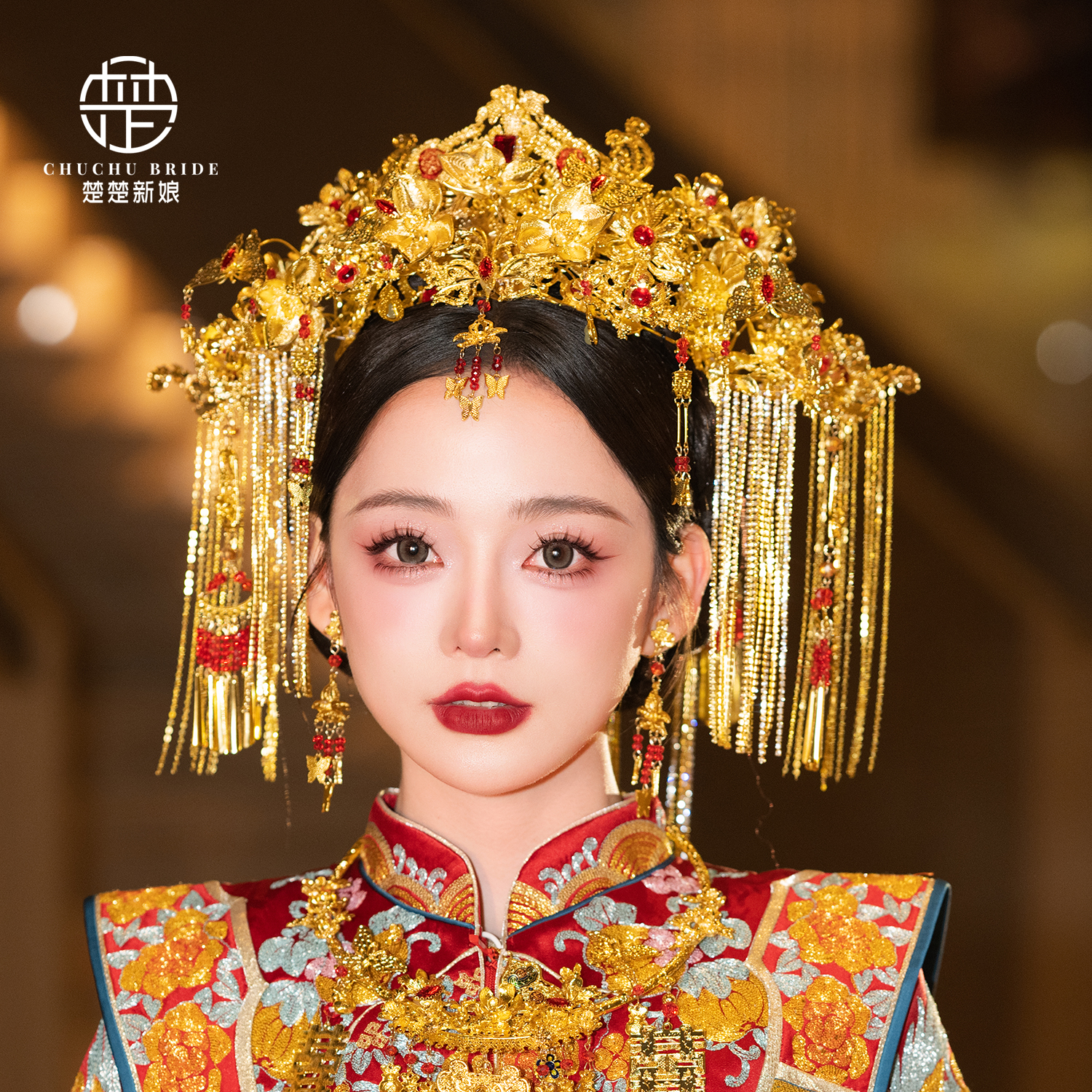 奢华复古中式合金水晶凤冠霞帔古装发饰新娘头饰品立体蝴蝶凤冠