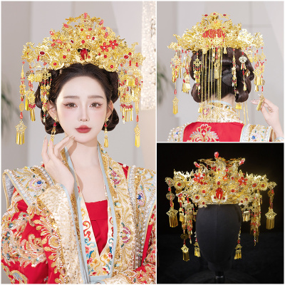 中式婚礼圆冠霞帔古装头饰红金色长流苏发冠古典龙凤褂秀禾服发饰