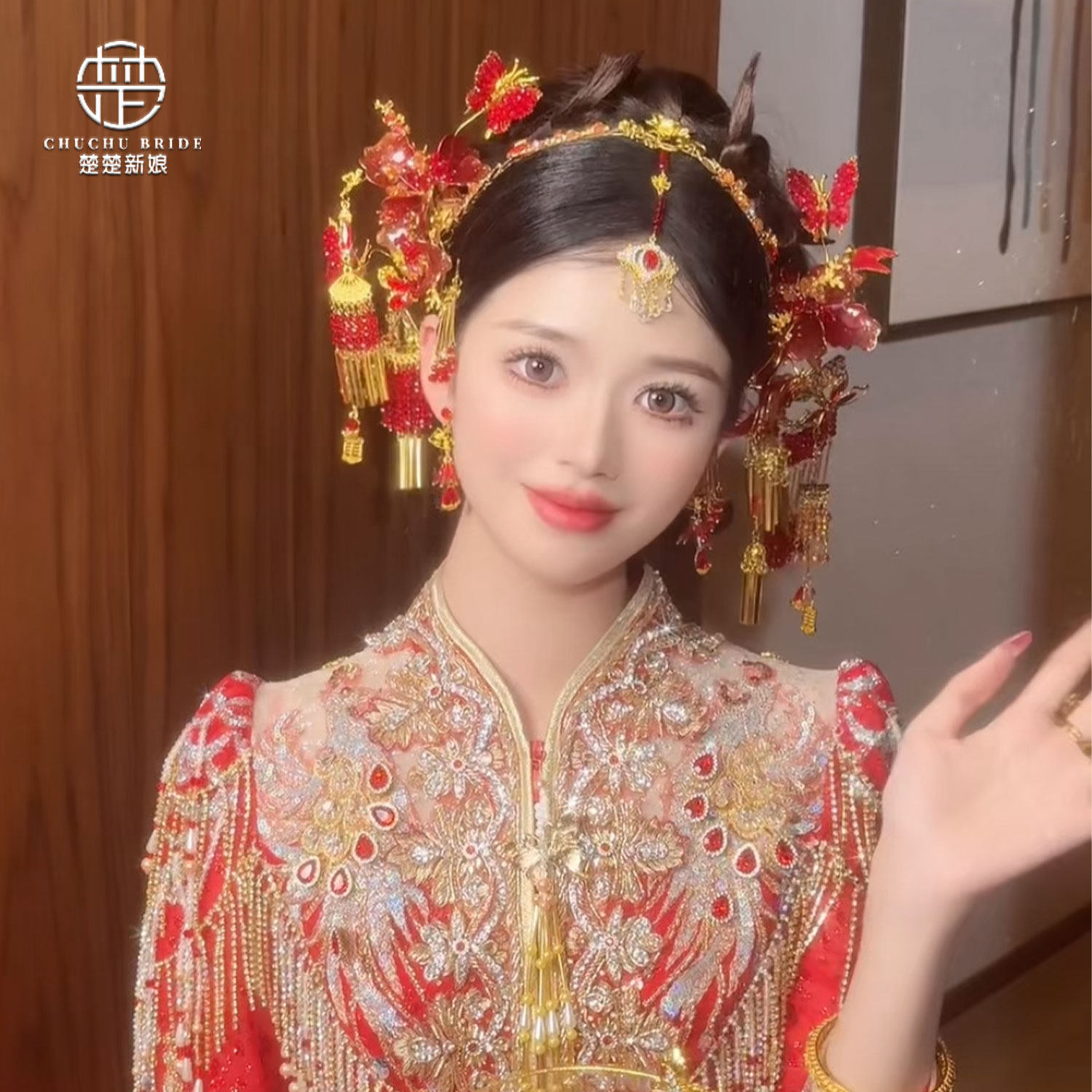 中式新娘头饰红金色发箍额饰发簪秀禾服结婚发饰减龄时尚红色头饰