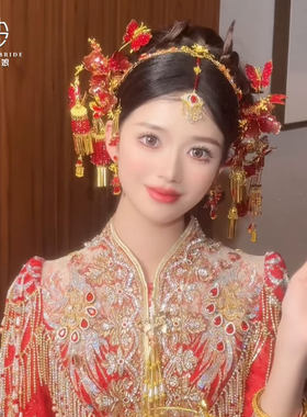 中式新娘头饰红金色发箍额饰发簪秀禾服结婚发饰减龄时尚红色头饰