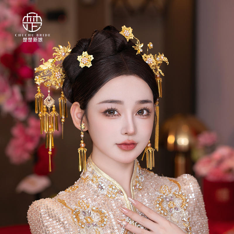 彭彭老师秀禾头饰减龄造型古装配饰百搭金色龙凤褂婚服结婚头饰品