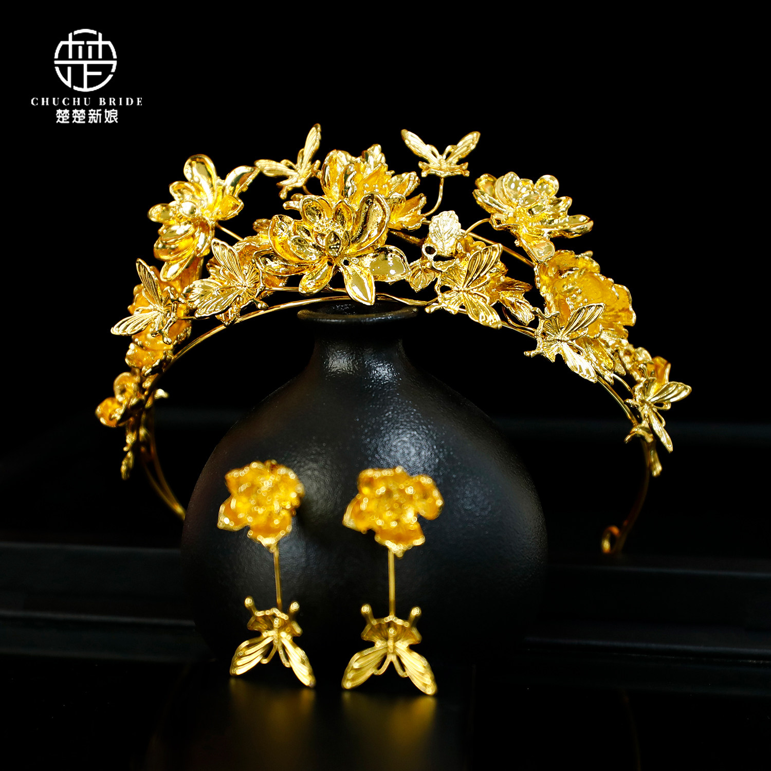 新中式金色花朵新娘皇冠