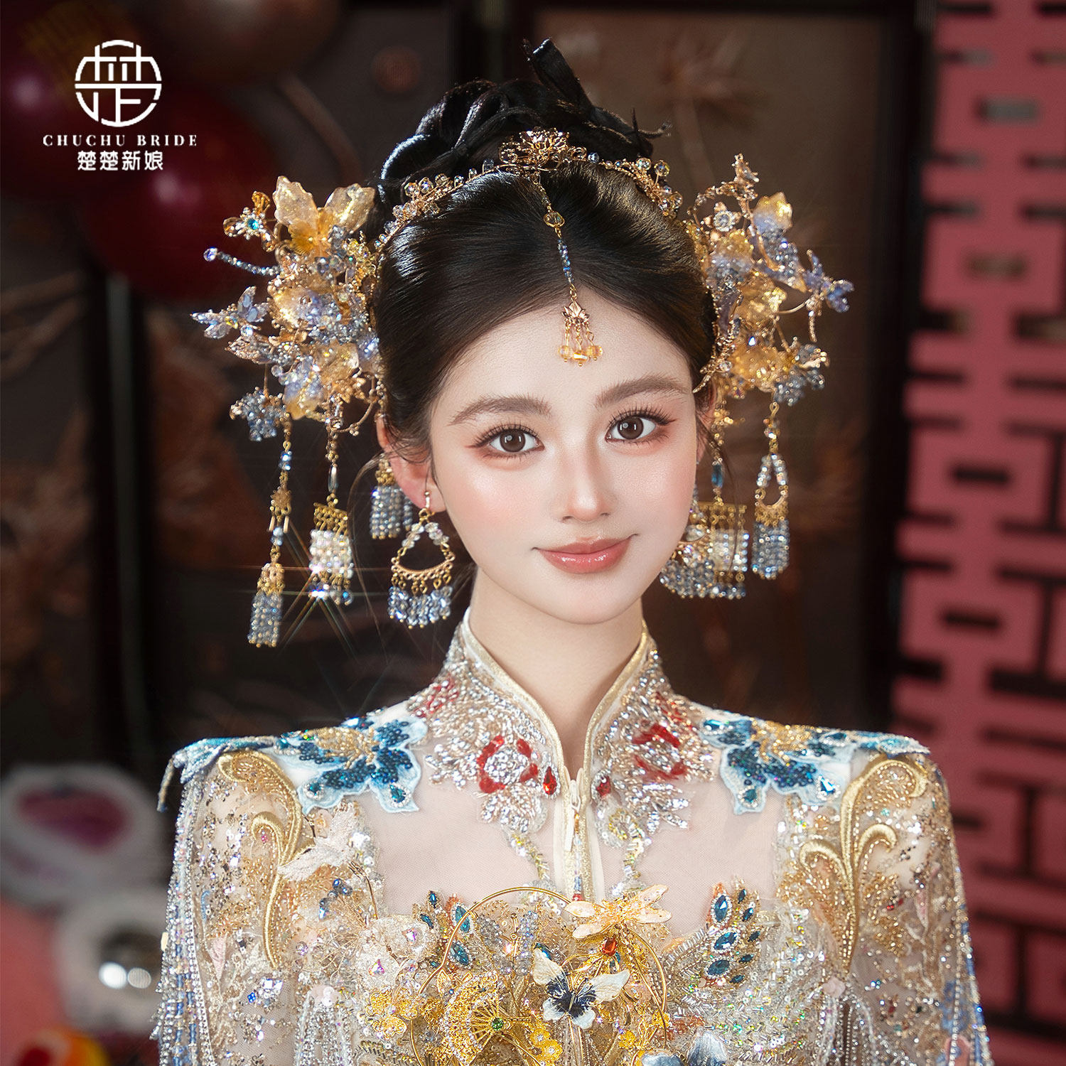 新娘中式秀禾服头饰甜美轻奢香槟蓝水凝花朵古典龙凤褂高级感发饰
