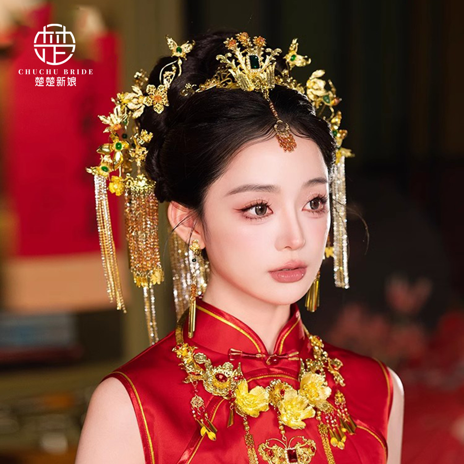 秀禾头饰凤钗奢华减龄百搭金色精致闪钻流苏后压复古中式传统发饰