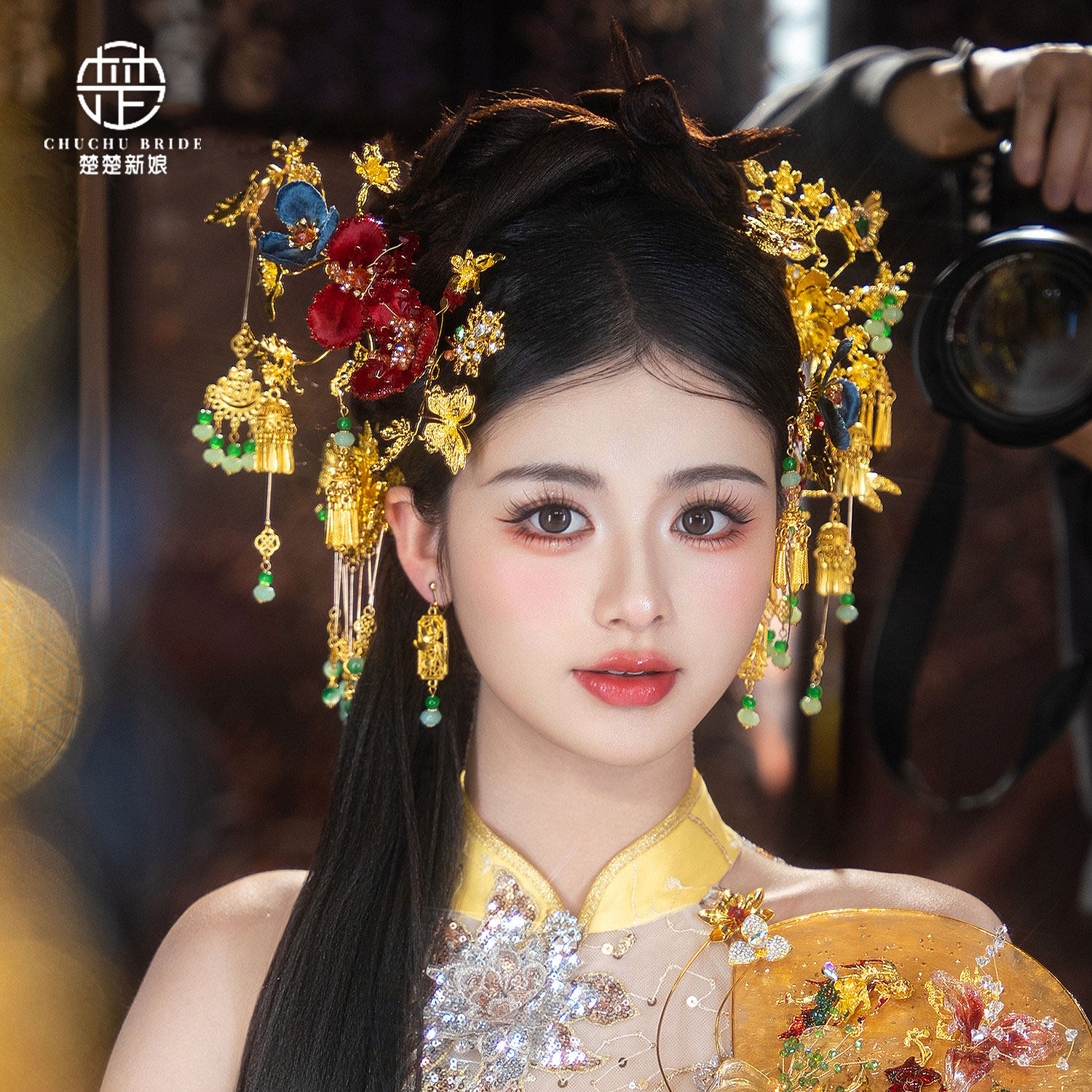 国风新中式金钗金绿红蓝撞色减龄古装头饰新娘龙凤褂秀禾服发饰品