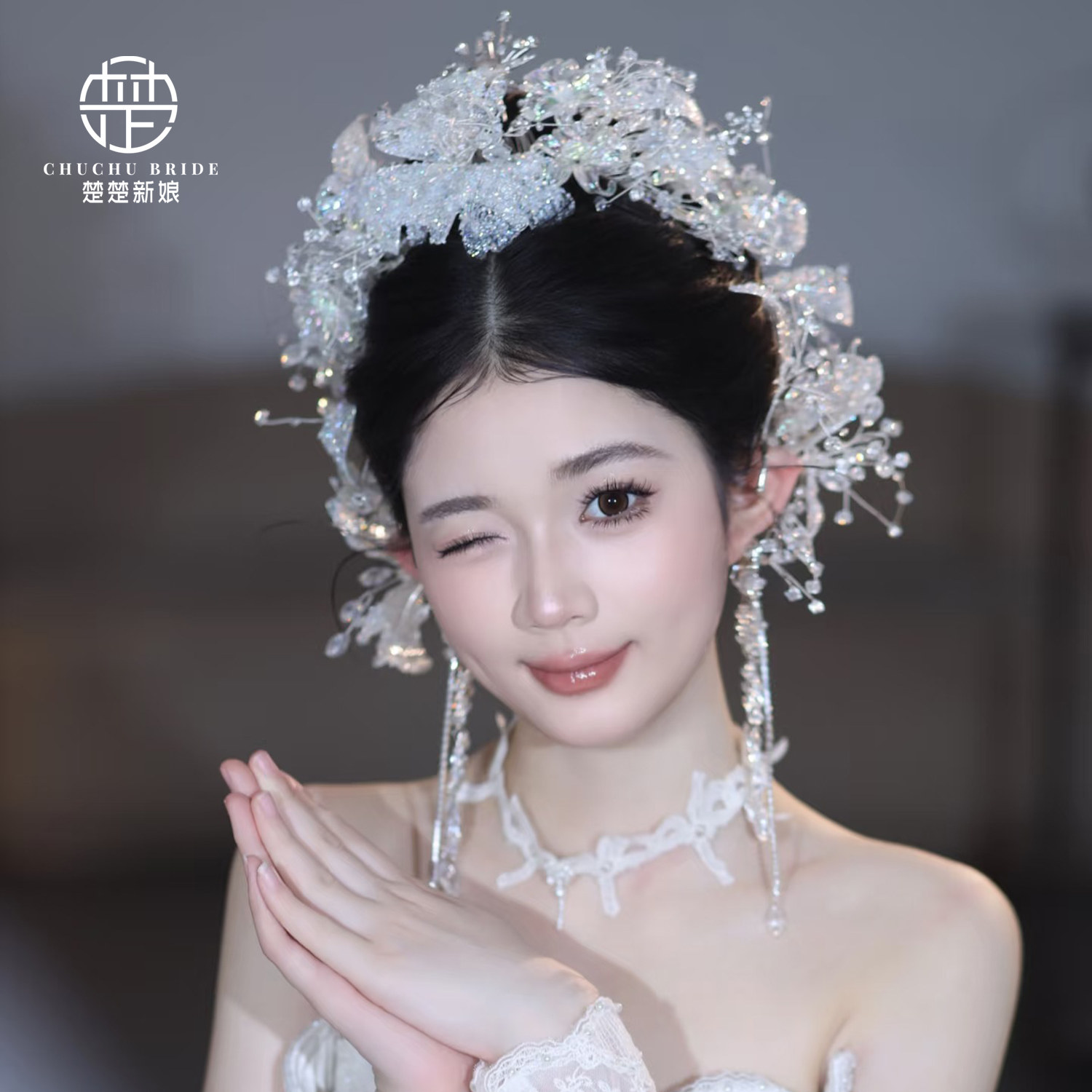 大气甜美手工串珠王冠耳环套装