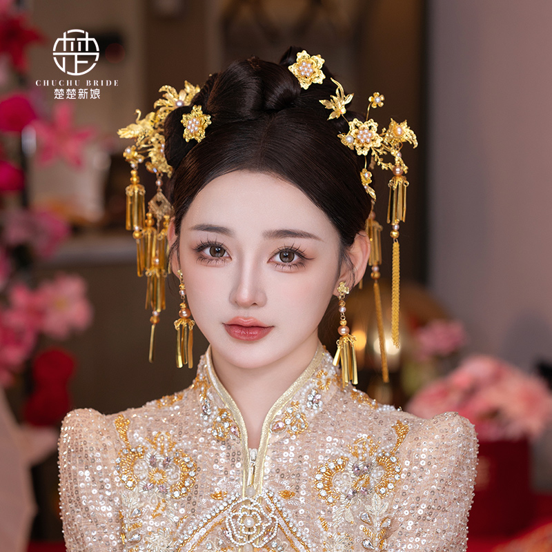 2025新娘头饰中式减龄金色发钗甜美百搭秀禾服龙凤褂古装配饰套装