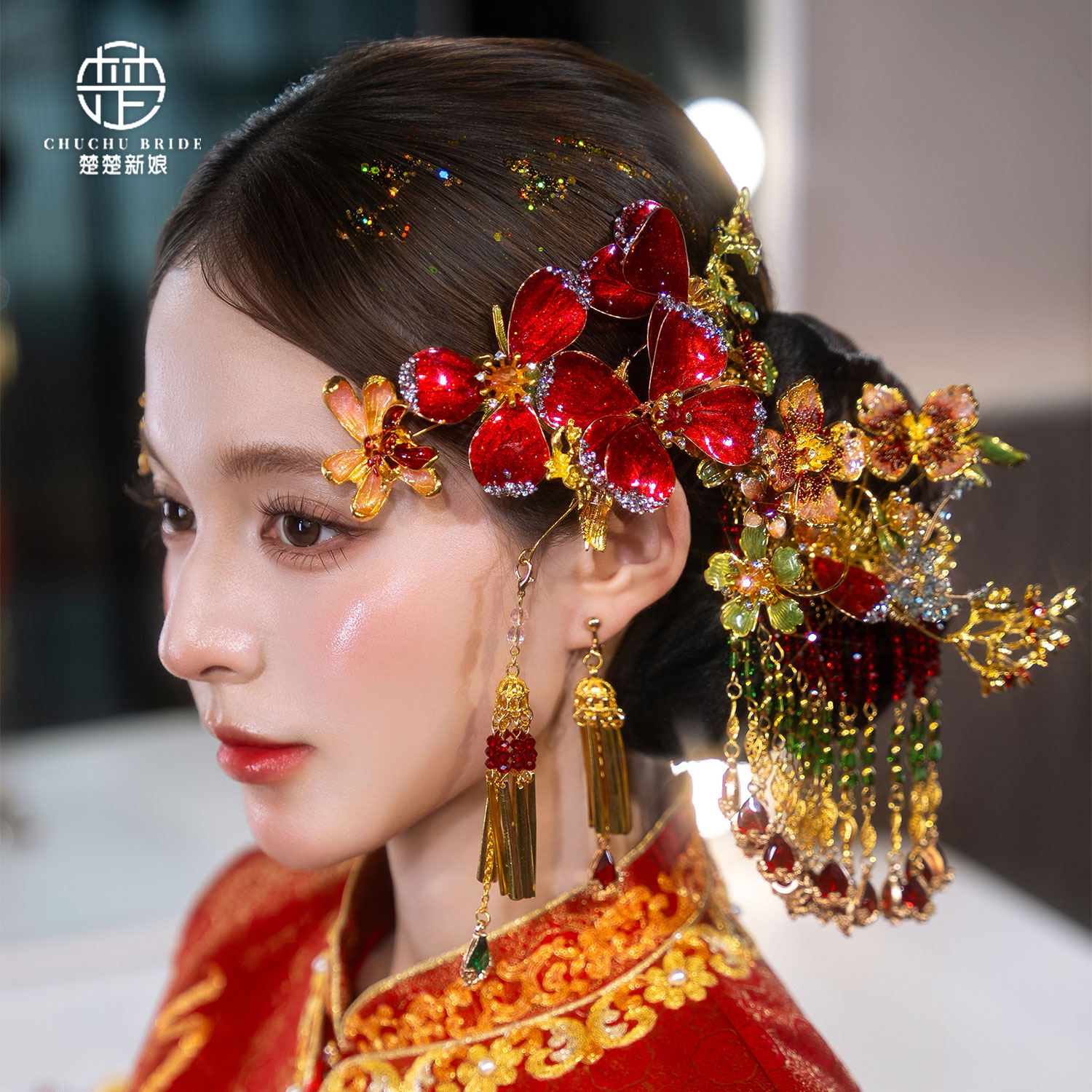 新中式秀禾头饰红金色百搭头饰水晶流苏后区唯美古风龙凤褂配饰品