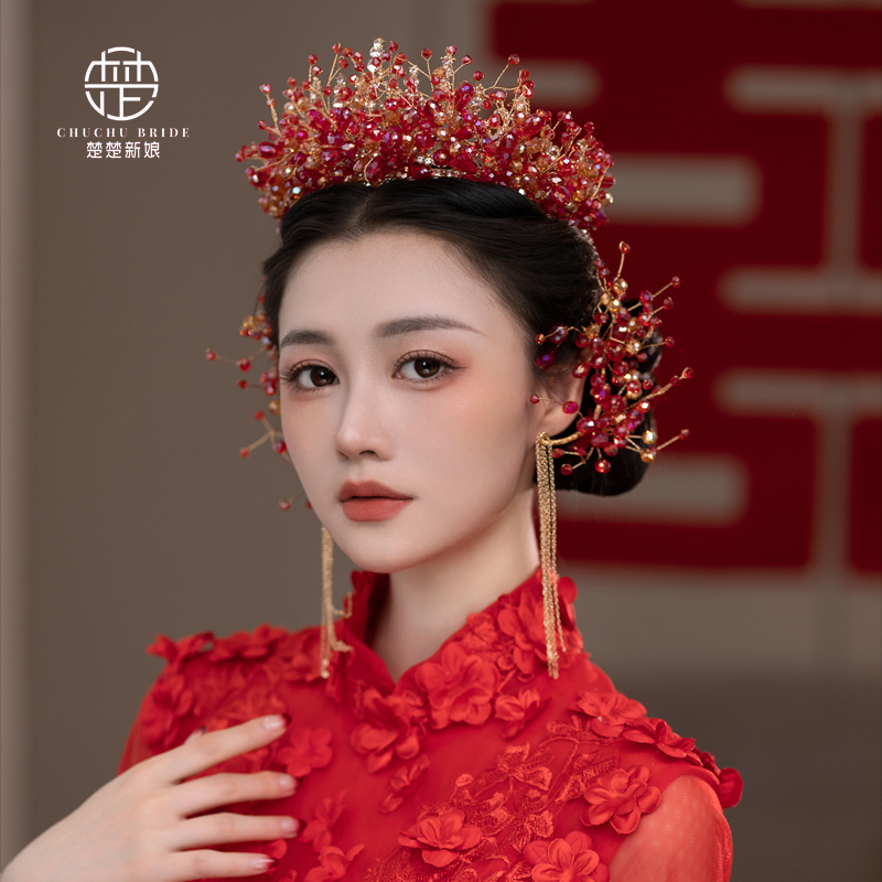 新娘结婚红色水晶皇冠头饰