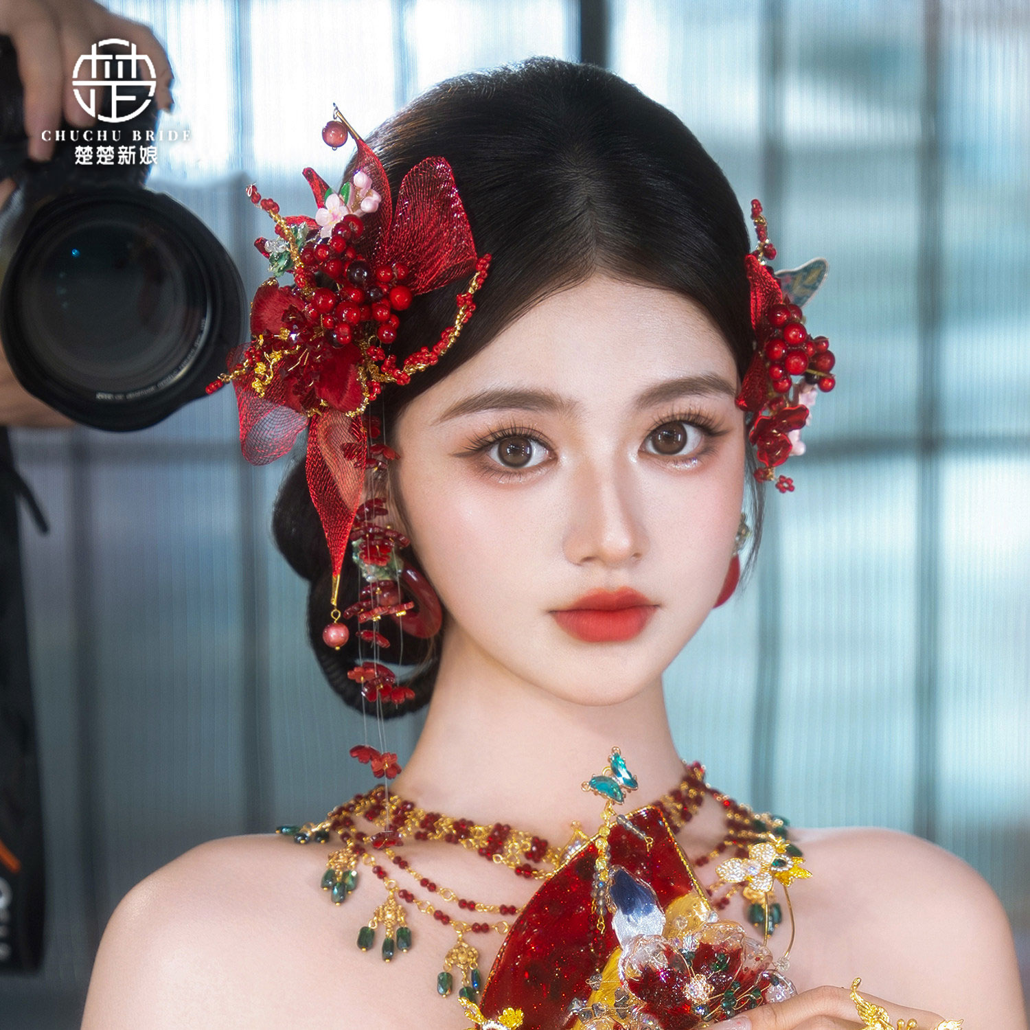 新娘红色蝴蝶结发饰耳夹发簪图片