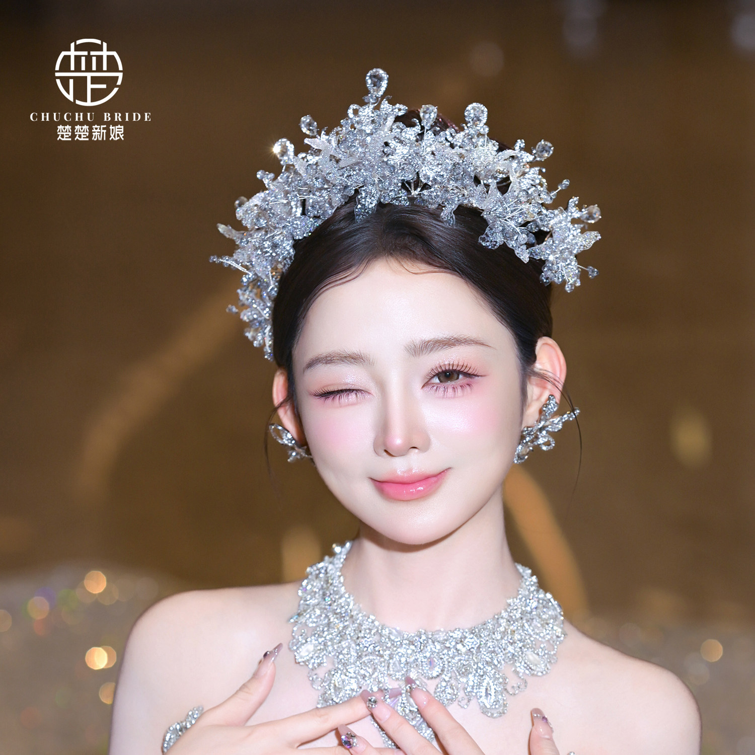 新款新娘重工皇冠超闪水凝花朵闪钻公主王冠结婚高级感造型头饰