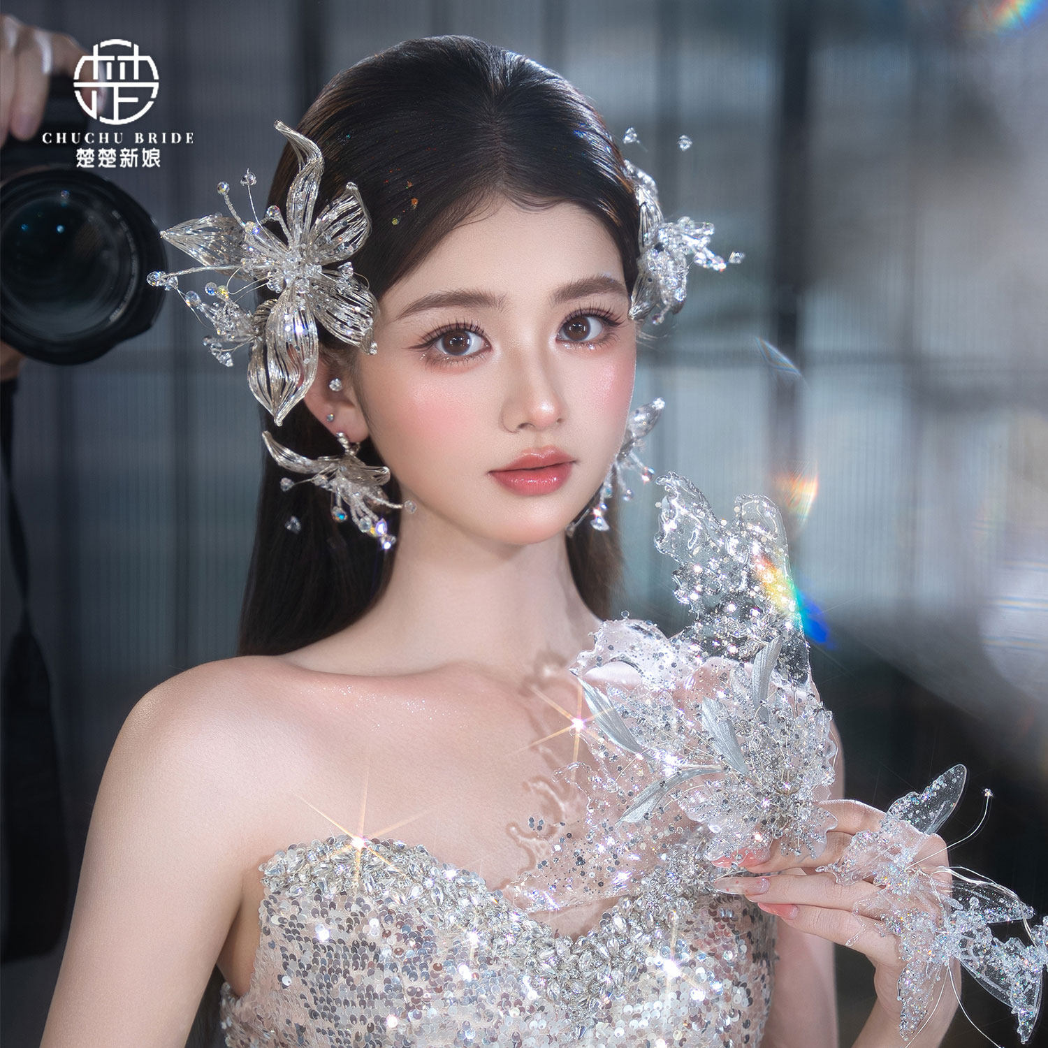 银色新娘头饰日韩风格婚礼仙气森系婚礼跟妆造型婚纱走秀发饰套装
