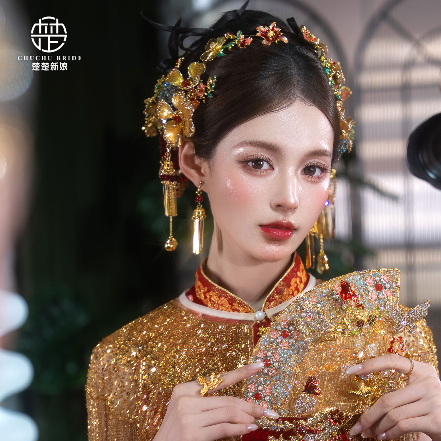 新中式新娘秀禾龙凤褂头饰金红蓝花朵套装发饰高级感减龄百搭后区