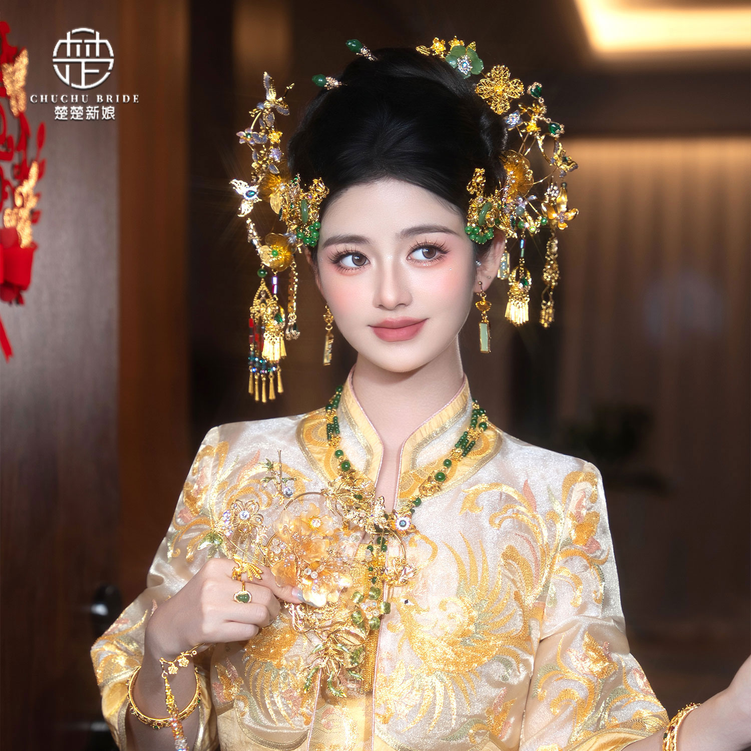 新中式秀禾头饰龙凤褂凤钗古装汉服发饰新娘饰品分体金色婚礼头饰