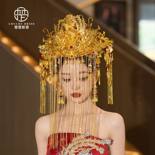 中式婚礼秀禾头饰红金色面帘凤冠新娘龙凤褂敬酒礼服汉服发饰套装